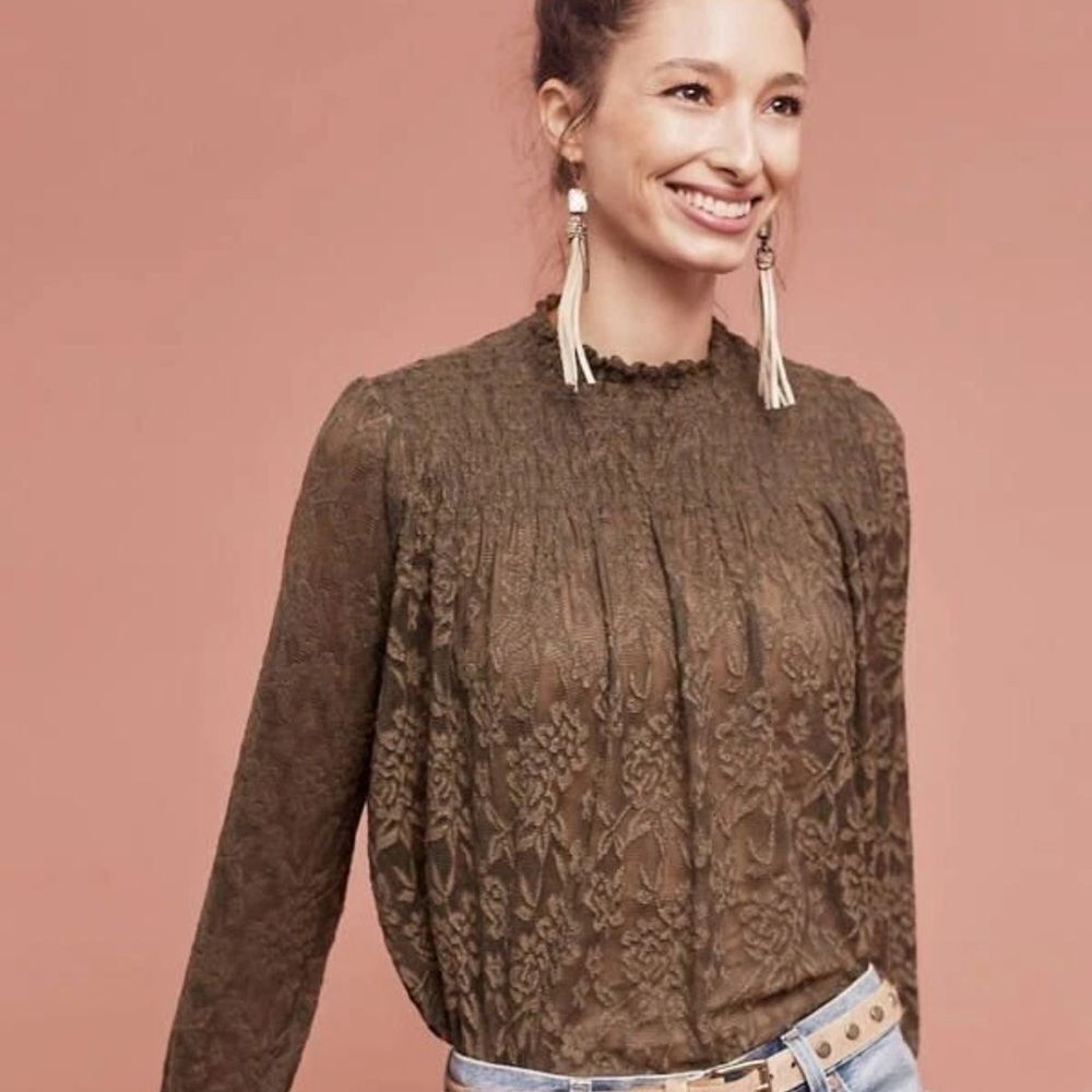 Anthropology Deletta Amanna Smocked Lace Mock Neck Moss Green Top. Size Small.